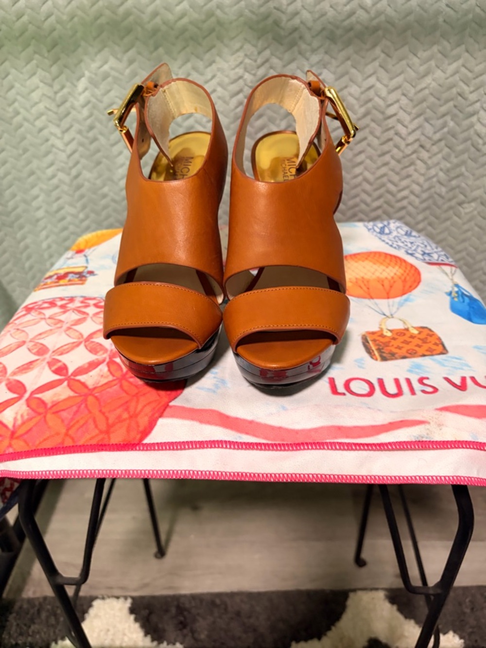Michael Kors Cognac Leather Platform Sandals with Ankle Buckle